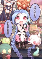 Rule 34 | 3girls, absurdly long hair, amumu, annie (league of legends), ashe (league of legends), beancurd, biting hair, blindfold, blue eyes, blue hair, blush, boots, braid, breasts, caitlyn (league of legends), cape, cellphone, chinese text, cleavage, collar, commentary request, doll, extra eyes, fingerless gloves, flat chest, gloves, highres, hood, illaoi, jinx (league of legends), kog&#039;maw, league of legends, lee sin, long hair, multiple girls, mummy, mushroom, open mouth, out of frame, phone, pink eyes, shell casing, shorts, single thighhigh, smartphone, speech bubble, spiked shell, stairs, tattoo, tears, teemo, tentacles, thighhighs, twin braids, very long hair, white hair, zac (league of legends)