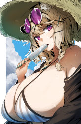 Rule 34 | 1girl, animal ears, arknights, breasts, fang, food, gin moku, green nails, hair ornament, hairclip, hat, highres, large breasts, looking at viewer, nail polish, open mouth, popsicle, purple eyes, sideboob, straw hat, sunglasses, sweat, swimsuit, upper body, utage (arknights), utage (summer flowers) (arknights)