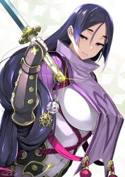 Rule 34 | black gloves, bodysuit, breasts, covered navel, fate/grand order, fate (series), fingerless gloves, glint, gloves, happa (cloverppd), huge breasts, katana, large breasts, long hair, low-tied long hair, minamoto no raikou (fate), parted bangs, purple bodysuit, purple eyes, purple hair, ribbed sleeves, rope, signature, solo, sword, tabard, very long hair, weapon