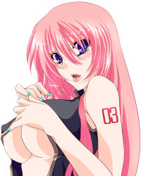 Rule 34 | 1girl, bare shoulders, blue eyes, blush, breasts, eyelashes, large breasts, lips, long hair, looking at viewer, megurine luka, nail polish, no bra, pink hair, simple background, solo, tokiomikio, underboob, upper body, vocaloid