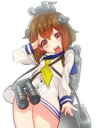 Rule 34 | 10s, 1girl, :d, bad id, bad pixiv id, binoculars, brown eyes, brown hair, cowboy shot, dress, headwear request, highres, hohehohe, kantai collection, looking at viewer, open mouth, sailor dress, salute, short hair, simple background, smile, solo, white background, yukikaze (kancolle)
