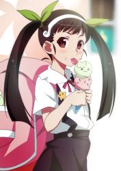 Rule 34 | 1girl, backpack, badge, bag, bakemonogatari, black hair, black skirt, blunt ends, blurry, blush, bolo tie, bow, button badge, collared shirt, cowboy shot, depth of field, food, food on face, gesugesu ahoaho, green bow, hachikuji mayoi, hair bow, hair ornament, hairband, highres, holding food, holding ice cream, ice cream, ice cream cone, ice cream on face, long hair, looking at viewer, monogatari (series), necktie, outdoors, oversized object, pedestrian lights, pink bag, red eyes, red necktie, shirt, shirt tucked in, short eyebrows, short sleeves, skirt, solo, standing, straight hair, suspender skirt, suspenders, tongue, tongue out, twintails, white hairband, white shirt