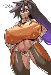 Rule 34 | 1girl, bandaid, bandaid on face, breasts, cameltoe, chaps, cleft of venus, clothing cutout, covered erect nipples, crotch cutout, dungeon and fighter, fighter (dungeon and fighter), gamjasssak, hand on own hip, highres, huge breasts, long hair, partially visible vulva, ponytail, pubic hair, revealing clothes, solo, striker (dungeon and fighter), tagme