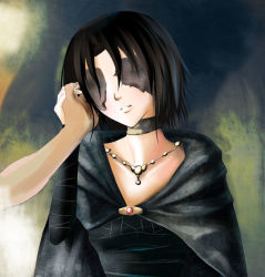 Rule 34 | 1girl, black hair, cape, choker, demon&#039;s souls, dress, female focus, from software, gradient background, holding hands, jewelry, kasaiji, maiden in black, male hand, necklace, short hair, solo, upper body
