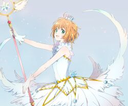 Rule 34 | 1girl, bare shoulders, brown hair, cardcaptor sakura, crown, dress, gloves, green eyes, highres, holding, holding wand, kinomoto sakura, looking at viewer, open mouth, rii2a77ru, short hair, smile, solo, upper body, wand, white dress, white gloves