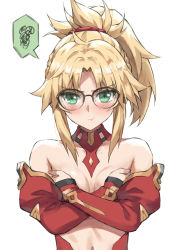 Rule 34 | 1girl, blonde hair, braid, breasts, covering privates, covering breasts, crossed arms, detached collar, detached sleeves, fate/apocrypha, fate/grand order, fate (series), french braid, glasses, green eyes, highres, long hair, looking at viewer, mordred (fate), mordred (fate/apocrypha), navel, parted bangs, ponytail, pout, sidelocks, small breasts, solo, spoken squiggle, squiggle, tonee, topless