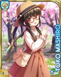 Rule 34 | 1girl, :d, black hair, bow, brown dress, card, character name, cherry blossoms, day, dress, forest, girlfriend (kari), grey eyes, hat, lolita fashion, long hair, mashiro toko, nature, official art, open mouth, outdoors, pink bow, qp:flapper, red-framed eyewear, shirt, smile, solo, standing, tagme, white shirt