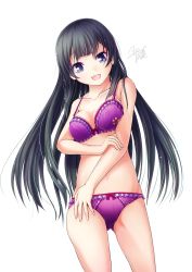 Rule 34 | 10s, 1girl, :d, agano (kancolle), ayatsuri-doll, black hair, bra, breasts, cleavage, collarbone, grey eyes, highres, kantai collection, long hair, looking at viewer, navel, open mouth, panties, purple bra, purple panties, signature, simple background, smile, solo, underwear, underwear only, white background