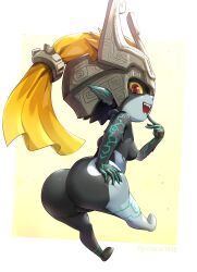 Rule 34 | 1girl, ass, ass grab, black skin, blue skin, colored sclera, colored skin, fangs, full body, gonzarez, helmet, highres, huge ass, midna, multicolored skin, neon trim, nintendo, one eye covered, pointy ears, prehensile hair, red eyes, shortstack, solo, the legend of zelda, the legend of zelda: twilight princess, two-tone skin, yellow sclera