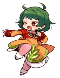 Rule 34 | 1girl, back bow, bow, brown eyes, chibi, choker, cropped jacket, dress, farah oersted, full body, green hair, mota, one eye closed, open mouth, orange dress, red choker, short hair, simple background, solo, tales of (series), tales of eternia, white background
