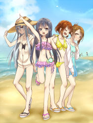 Rule 34 | 10s, 4girls, 6+girls, akatsuki (kancolle), arikindows10, arm up, armpits, bare legs, bare shoulders, beach, bikini, blush, brown hair, cape, closed eyes, closed mouth, collarbone, day, flip-flops, folded ponytail, frilled bikini, frills, full body, furutaka (kancolle), hair between eyes, hand on another&#039;s shoulder, hand on own hip, hat, hibiki (kancolle), ikazuchi (kancolle), inazuma (kancolle), kako (kancolle), kantai collection, kiso (kancolle), leg up, long hair, looking at viewer, multiple girls, navel, open mouth, outdoors, sand, sandals, short hair, sky, smile, standing, stomach, swimsuit, water