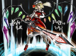 Rule 34 | 1girl, bad id, bad pixiv id, black background, blonde hair, female focus, flandre scarlet, full body, hat, laevatein, magic circle, mob cap, ponytail, ribbon, ross (clumzero), short hair, solo, sword, touhou, weapon, wings