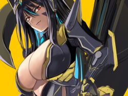 Rule 34 | 1girl, armor, armored leotard, black hair, blue hair, breasts, cleavage, closed mouth, colored inner hair, dark-skinned female, dark skin, facepaint, fujisaki subaru, goddess of victory: nikke, hand on own hip, highres, indivilia (nikke), large breasts, light blue hair, multicolored hair, red eyes, shoulder armor, simple background, smile, solo, streaked hair, unfinished, yellow background