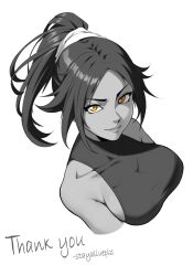Rule 34 | 1girl, absurdres, bare shoulders, black leotard, bleach, breasts, covered collarbone, cropped torso, dark-skinned female, dark skin, english text, highres, large breasts, leotard, long hair, looking at viewer, monochrome, parted bangs, partially colored, ponytail, shihouin yoruichi, sleeveless, smile, solo, stayaliveplz, taut leotard, upper body, white background, yellow eyes