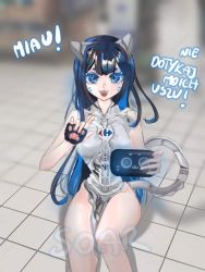 Rule 34 | 1girl, animal ears, artist request, blue eyes, blue hair, blush, breasts, carrefour, cat ears, cat girl, cat tail, fangs, kerfus, medium breasts, on floor, on ground, personification, polish text, robot girl, sitting, smile, solo, tagme, tail