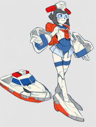Rule 34 | 1girl, android, autobot, glowing, headgear, hovercraft, humanoid robot, insignia, joints, kamizono (spookyhouse), machine, machinery, mecha, mecha musume, original, personification, robot, robot ears, robot joints, school uniform, science fiction, ship, short hair, smile, solo, thighhighs, transformers, vehicle, watercraft