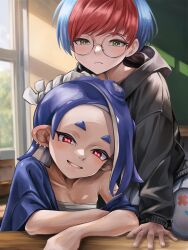 Rule 34 | 2girls, arm rest, arm support, bandages, behind another, blue hair, cephalopod eyes, chest sarashi, closed mouth, collarbone, creatures (company), crossover, day, earrings, fingernails, game freak, glasses, green eyes, grin, hachimaki, head tilt, headband, highres, hood, hood down, hoodie, horizontal pupils, indoors, janome (jajanome), jewelry, kneeling, light blush, long sleeves, looking at viewer, multicolored hair, multiple earrings, multiple girls, nejiri hachimaki, nintendo, octoling, octoling girl, octoling player character, pantyhose, penny (pokemon), pokemon, pokemon sv, poncho, red eyes, red hair, round eyewear, sarashi, shiver (splatoon), short hair, skirt, smile, splatoon (series), splatoon 3, suction cups, tentacle hair, tooth earrings, two-tone hair, window