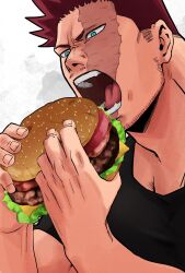 Rule 34 | 1boy, bad id, bad pixiv id, bad twitter id, bara, black shirt, boku no hero academia, burger, eating, endeavor (boku no hero academia), facial hair, food, food focus, from side, highres, kei (ahan uhun 345), male focus, mature male, muscular, muscular male, open mouth, red hair, shirt, short hair, sideburns, solo, spiked hair, stubble, upper body