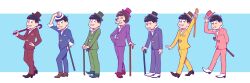 Rule 34 | 6+boys, black hair, blue background, brothers, brown hair, buck teeth, cane, grin, hand on own hip, hat, hat tip, highres, holding, holding cane, iyami, kabu (bekka), male focus, matching outfits, matsuno choromatsu, matsuno ichimatsu, matsuno jyushimatsu, matsuno karamatsu, matsuno osomatsu, matsuno todomatsu, multiple boys, one eye closed, osomatsu-kun, osomatsu-san, popped collar, sextuplets, siblings, smile, teeth, top hat