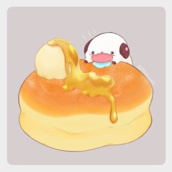 Rule 34 | 7mb yut, :3, animal focus, artist name, border, food, food focus, honey, horns, ice cream, league of legends, mixed-language commentary, no humans, pancake, poro (league of legends), saliva, simple background, souffle pancake, syrup, tongue, tongue out, two-tone background, white border
