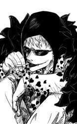 Rule 34 | 1boy, cigarette, donquixote rocinante, feather boa, greyscale, highres, male focus, monochrome, one piece, rej11, short hair, simple background, sketch, smoke, smoking, solo, sunglasses, white background
