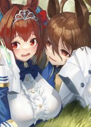 Rule 34 | 2girls, :d, agnes tachyon (umamusume), ahoge, animal ears, black necktie, blue jacket, breasts, brown eyes, brown hair, center frills, chinese commentary, commentary request, daiwa scarlet (umamusume), epaulettes, eyebrows hidden by hair, frills, hair between eyes, hair intakes, highres, horse ears, jacket, lab coat, large breasts, long sleeves, lying, mixed-language commentary, multiple girls, natori youkai, necktie, on grass, on stomach, open mouth, puffy sleeves, red eyes, shirt, sleeves past fingers, sleeves past wrists, smile, sweat, sweater vest, tiara, umamusume, wavy mouth, white shirt