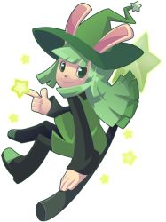Rule 34 | 1girl, blunt bangs, broom, broom riding, cucumber quest, dress, full body, green dress, green eyes, green hair, hat, long sleeves, looking at viewer, mary cagle, peridot (cucumber quest), pinafore dress, rabbit, sleeveless dress, smile, star (symbol), transparent background, witch hat