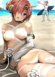 Rule 34 | 1boy, 1girl, absurdres, akechi shizuku, arm support, arm up, bandaged arm, bandages, beach, bikini, blush, bracelet, day, detached sleeves, facial hair, fate (series), flower, frankenstein&#039;s monster (fate), frankenstein&#039;s monster (swimsuit saber) (fate), frankenstein&#039;s monster (swimsuit saber) (third ascension) (fate), hair bun, hair ornament, hair over one eye, highres, horns, james moriarty (archer) (fate), jewelry, looking at viewer, lying, mustache, ocean, on back, open mouth, outdoors, pink hair, purple eyes, short hair, shorts, silver hair, single hair bun, single horn, solo focus, sunglasses, surfboard, swimsuit, waving, white bikini, white flower