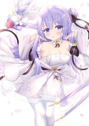 Rule 34 | 1girl, :o, ahoge, arm ribbon, azur lane, bare shoulders, black bow, black ribbon, blush, bow, breasts, chestnut mouth, choker, cleavage, collarbone, commentary request, cowboy shot, detached sleeves, dress, falling petals, floating, frilled choker, frilled hair tubes, frills, hair between eyes, hair bun, hair ribbon, hair tubes, hands in hair, highres, hiyada yuu, long hair, looking at viewer, one side up, pantyhose, petals, pink ribbon, purple eyes, purple hair, ribbon, shiny skin, side bun, sidelocks, simple background, single hair bun, single side bun, solo focus, standing, strapless, strapless dress, stuffed winged unicorn, taut clothes, taut dress, unicorn (azur lane), very long hair, w arms, wedding dress, white background, white dress, white pantyhose, wide sleeves