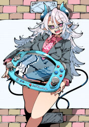 1girl breasts colored_sclera demon_girl demon_tail feet_out_of_frame grey_sclera hair_between_eyes handheld_game_console highres holding holding_handheld_game_console horns kafun long_hair long_sleeves looking_at_viewer necktie open_mouth original oversized_object pink_eyes pink_necktie sharp_teeth solo tagme tail teeth upper_teeth_only white_hair