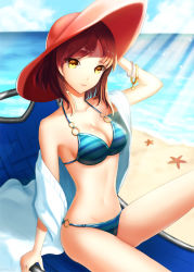 Rule 34 | 1girl, bad id, bad pixiv id, beach, bikini, bracelet, breasts, brown hair, chair, cleavage, cloud, day, hat, jewelry, kankito, light rays, lounge chair, medium breasts, navel, o-ring, o-ring bottom, o-ring top, open clothes, original, outdoors, shiny skin, short hair, sky, smile, solo, starfish, strap gap, striped bikini, striped clothes, sunbeam, sunlight, swimsuit, yellow eyes