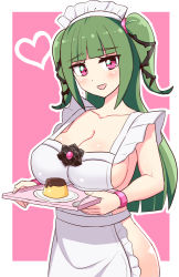 Rule 34 | 1girl, apron, beatus creation, blush, breasts, cleavage, cougar (cougar1404), food, green hair, large breasts, long hair, looking at viewer, luifon (beatus creation), open mouth, pudding, smile, solo, standing, virtual youtuber