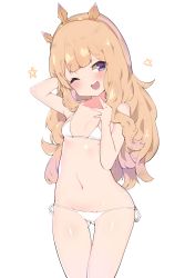 Rule 34 | 1girl, absurdres, bikini, blonde hair, breasts, cagliostro (granblue fantasy), female focus, granblue fantasy, highres, long hair, navel, one eye closed, open mouth, side-tie bikini bottom, simple background, small breasts, solo, star (symbol), swimsuit, thigh gap, white background, zeru (wisel army)