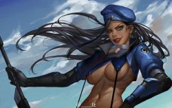 Rule 34 | 1girl, alternate costume, ana (overwatch), armor, beret, black gloves, black hair, blue jacket, blue sky, breasts, captain amari, cloud, cloudy sky, cosplay, covered erect nipples, dark-skinned female, dark skin, day, emblem, eyelashes, facial mark, facial tattoo, floating hair, gauntlets, gloves, green eyes, gun, hand on own hip, hat, highres, holding, holding gun, holding weapon, jacket, kill la kill, large breasts, lips, lipstick, logo, long hair, long sleeves, makeup, midriff, mature female, military, navel, overwatch, overwatch 1, red lips, revealing clothes, rifle, sky, smile, sniper rifle, solo, stomach, suspenders, tattoo, teeth, underboob, uniform, upper body, vambraces, very long hair, weapon, aged down