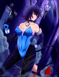 Rule 34 | 10s, 1girl, animal ears, artist name, bench, black hair, black pantyhose, black sclera, bloodstained: ritual of the night, breasts, cleavage, collar, colored sclera, cowboy shot, demon girl, demon tail, dutch angle, elbow gloves, fake animal ears, female focus, fishnet pantyhose, fishnets, gloves, gradient hair, hand on own hip, highleg, highleg leotard, highres, inti creates, knife, large breasts, leotard, lili (bloodstained), looking at viewer, multicolored hair, pantyhose, pillar, playboy bunny, rabbit ears, red eyes, red hair, short hair, solo, tail, tossing