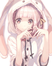 Rule 34 | 1girl, animal hood, bad id, bad twitter id, bow, braid, buttons, drawstring, female focus, hair bow, heart, heart hands, hood, looking at viewer, original, ozzzzy, pink hair, rabbit ears, side braid, simple background, single braid, smile, solo, upper body, white background