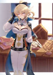 Rule 34 | 1girl, absurdres, bare shoulders, black bow, blonde hair, blue capelet, blue eyes, blue gloves, blush, book, book stack, bow, breasts, bupa chila, capelet, cleavage, cowboy shot, desk, detached sleeves, genshin impact, gloves, hair between eyes, hair bow, hand up, highres, indoors, jean (genshin impact), looking at viewer, nose blush, pants, ponytail, short hair, solo, standing, strapless, tube top, white pants, window