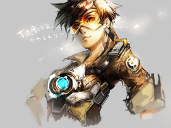 Rule 34 | 1girl, bad id, bad twitter id, bomber jacket, brown hair, brown jacket, character name, chest harness, emblem, goggles, harness, jacket, leather, leather jacket, light smile, lips, lipstick, looking at viewer, makeup, overwatch, overwatch 1, short hair, sleeves rolled up, smile, solo, spiked hair, tracer (overwatch), upper body, very short hair