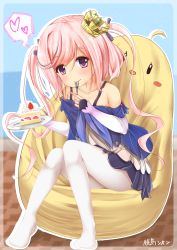 Rule 34 | 1girl, azur lane, cake, collarbone, couch, crown, dress, eating, food, fork, hair ornament, heart, highres, juno (azure lane), long hair, looking at viewer, maru shion, pantyhose, pink eyes, pink hair, plate, signature, solo, spoken heart, strawberry shortcake, twintails, white pantyhose