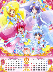 Rule 34 | 10s, 2015, 4girls, :d, absurdres, aino megumi, blonde hair, blue eyes, blue hair, bow, brooch, calendar, copyright name, cure fortune, cure fortune (innocent form), cure honey, cure honey (innocent form), cure lovely, cure lovely (innocent form), cure princess, cure princess (innocent form), earrings, elbow gloves, gloves, hair bow, happinesscharge precure!, heart, heart brooch, highres, hikawa iona, innocent form (happinesscharge precure!), jewelry, lipstick, long hair, low-tied long hair, magical girl, makeup, multicolored clothes, multicolored skirt, multiple girls, october, official art, oomori yuuko, open mouth, pink eyes, pink hair, ponytail, precure, purple eyes, purple hair, satou masayuki, september, shirayuki hime, sidelocks, skirt, smile, twintails, white gloves, wide ponytail, wings, yellow eyes