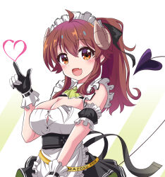 Rule 34 | 1girl, :d, ahoge, apron, arm cuffs, ascot, black gloves, black ribbon, black skirt, blush, breast strap, breasts, brown eyes, brown hair, button gap, chest strap, cleavage, cosplay, curled horns, demon girl, demon horns, demon tail, detached collar, fang, frills, gloves, goddess of victory: nikke, green ascot, hair ribbon, heart, highres, horns, large breasts, long hair, looking at viewer, machikado mazoku, maid, maid apron, maid headdress, n88 colpla, open mouth, ponytail, ribbon, skin fang, skirt, sleeveless, smile, soda (nikke), soda (nikke) (cosplay), solo, tail, two-tone gloves, voice actor connection, white apron, white gloves, yoshida yuuko (machikado mazoku)