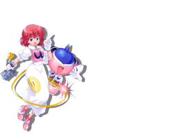 Rule 34 | 1girl, blue eyes, blush, bombergirl, breasts, curly hair, full body, gloves, gun, holding, holding gun, holding weapon, index finger raised, large breasts, looking at viewer, official art, open mouth, pastel (twinbee), pink hair, short hair, smile, solo, transparent background, twinbee, weapon, white gloves