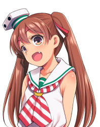 Rule 34 | 1girl, arms behind back, bare shoulders, brown hair, dark-skinned female, dark skin, fang, hat, head tilt, kantai collection, libeccio (kancolle), long hair, navel, open mouth, simple background, smile, solo, tan, twintails, uousa-ou, upper body, white background