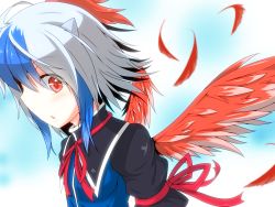 Rule 34 | 1girl, :o, ahoge, arm garter, blue hair, blush, bow, eyelashes, face, feathers, female focus, grey horns, head wings, highres, horns, long sleeves, looking at viewer, multicolored hair, red eyes, red wings, s-ghost, short hair, silver hair, simple background, single wing, solo, tokiko (touhou), touhou, two-tone hair, wings
