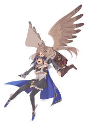 Rule 34 | 2girls, ahoge, ankle boots, asymmetrical clothes, asymmetrical legwear, belt, bird girl, bird wings, black gloves, black socks, black thighhighs, blue cape, blue hair, blue ribbon, boots, brown capelet, brown cloak, brown corset, brown eyes, brown hair, cape, capelet, carrying, carrying person, cleavage cutout, cloak, clothing cutout, corset, dagger, detached sleeves, feather hair ornament, feathers, flying, gloves, hair intakes, hair ornament, hairclip, head chain, heart-shaped gem, hetareeji, high heels, highres, hololive, hololive english, jewelry, knee strap, kneehighs, knife, long hair, looking at another, micro shorts, miniskirt, multicolored hair, multiple girls, nanashi mumei, ouro kronii, partially fingerless gloves, pinstripe pattern, pleated skirt, ponytail, red skirt, ribbon, sailor collar, shirt, short hair, shorts, single kneehigh, single sock, single thighhigh, skirt, sleeveless, sleeveless shirt, socks, streaked hair, striped, sweatdrop, tank top, thigh strap, thighhighs, underboob cutout, veil, very long hair, virtual youtuber, weapon, white shirt, wings, zipper