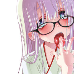 Rule 34 | 1girl, black-framed eyewear, blue eyes, drooling, female focus, freckles, glasses, highres, light purple hair, long hair, looking over eyewear, open mouth, original, sakuya tsuitachi, saliva, simple background, solo, suggestive fluid, teeth, tongue, tongue out, white background