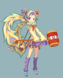 Rule 34 | 1girl, bloomers, blue eyes, long sleeves, mallet, multicolored hair, official art, ootsuka shin&#039;ichirou, short hair, simple background, sleeves past wrists, solo, summon night, summon night x, underwear