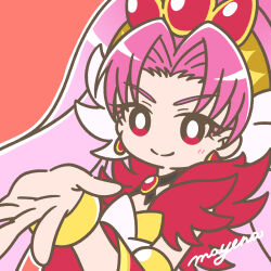 Rule 34 | 1girl, akagi towa, blush, bracelet, choker, closed mouth, cure scarlet, detached sleeves, earrings, eyelashes, go! princess precure, gold bracelet, gradient hair, hair intakes, highres, jewelry, long hair, looking at viewer, magical girl, mayena, multicolored hair, open mouth, outline, outstretched hand, parted bangs, pink hair, precure, red background, red eyes, red sleeves, signature, smile, solo, tiara, upper body, very long hair, white outline
