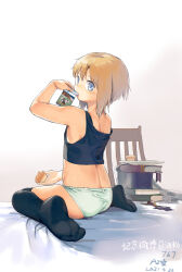 Rule 34 | 1girl, absurdres, ass, black socks, blue eyes, book, brown hair, chair, drinking, erica hartmann, food, highres, holding, holding food, looking back, on bed, over-kneehighs, panties, short hair, signature, simple background, socks, solo, thighhighs, underwear, white background, world witches series, zhongye yu