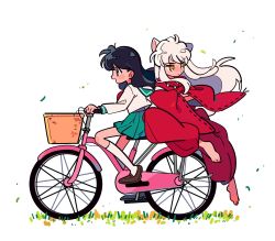 Rule 34 | 1boy, 1girl, ahoge, animal ears, barefoot, bicycle, bicycle basket, black hair, blush, brown footwear, chueog, crossed arms, dot nose, fox ears, full body, grass, green sailor collar, green skirt, highres, higurashi kagome, inuyasha, inuyasha (character), japanese clothes, jewelry, kimono, kneehighs, loafers, long hair, looking ahead, looking to the side, multiple riders, neckerchief, necklace, open mouth, pleated skirt, red kimono, red neckerchief, riding, riding bicycle, sailor collar, shoes, sidelocks, simple background, skirt, smile, socks, tooth necklace, white background, white hair, white socks, yellow eyes